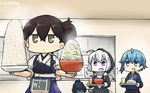  3girls blue_hair blush bowl brown_hair commentary dated food fried_rice hamu_koutarou highres hood hooded_jacket jacket kaga_(kantai_collection) kantai_collection long_hair minazuki_(kantai_collection) multiple_girls muneate noodles orange_juice ramen re-class_battleship rice_bowl scarf school_uniform serafuku shinkaisei-kan side_ponytail steam tail tasuki translated tray white_hair 