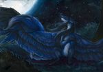  2016 blue_feathers blue_fur blue_hair claws dragon feathered_dragon feathered_wings feathers female feral fur furred_dragon grass hair moon natoli night open_mouth outside sky smile star starry_sky teeth traditional_media_(artwork) wings 