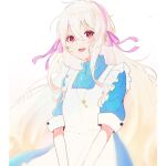  1girl :d apron blue_dress blurry blush bow_hairband bright_pupils collared_dress commentary double-parted_bangs dress frilled_apron frills hair_between_eyes hair_ribbon hairband haruharu_sensei high_collar highres jewelry kagerou_project key key_necklace kozakura_marry long_hair looking_at_viewer looking_to_the_side necklace open_mouth pillarboxed pink_hairband pink_ribbon red_eyes ribbon short_sleeves sidelocks sideways_glance simple_background smile solo square_neckline teeth thick_eyelashes three_quarter_view upper_body upper_teeth_only v_arms very_long_hair white_apron white_background white_hair white_pupils 