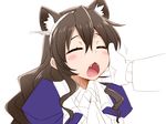  animal_ears ashigara_(kantai_collection) blush_stickers brown_hair closed_eyes fangs hair_between_eyes hairband hand_on_another's_cheek hand_on_another's_face horned_headwear kantai_collection kemonomimi_mode long_hair open_mouth out_of_frame r44 simple_background sketch solo_focus uniform wavy_hair white_background wolf_ears wolf_girl 
