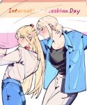  2girls black_shirt blonde_hair blue_jacket blue_pants blush bow choker closed_eyes crop_top dohwa110 dungeon_meshi elf english_text falin_touden falin_touden_(tallman) green_eyes hashtag-only_commentary jacket lesbian_flag long_hair marcille_donato multiple_girls pants pointy_ears red_bow red_choker shirt short_hair sidelocks simple_background white_background white_pants yuri 