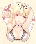  blonde_hair bra breast_mousepad breasts cleavage commentary_request dan_(kumadan) fangs hair_flaps kantai_collection long_hair looking_at_viewer md5_mismatch medium_breasts mousepad open_mouth poi red_eyes remodel_(kantai_collection) smile solo underwear yuudachi_(kantai_collection) 