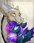  2017 blue_eyes blue_fur cosmic_hair digital_media_(artwork) discord_(mlp) draconequus duo equine eyebrows eyelashes female feral friendship_is_magic fur grey_fur hi_res horn magnaluna male mammal my_little_pony nude princess_luna_(mlp) red_eyes simple_background smile teeth tongue winged_unicorn wings 