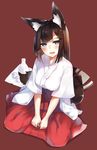  alcohol animal_ears bangs blue_eyes blush brown_hair choko_(cup) cup fox_ears fox_girl fox_tail full_body hair_ornament hairclip hakama highres japanese_clothes long_hair looking_at_viewer miko open_mouth original red_background red_hakama sake sitting solo sweatdrop tail tokkuri tsunekichi v_arms very_long_hair wariza 