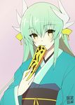  aqua_hair closed_fan fan fate/grand_order fate_(series) folding_fan holding holding_fan horns japanese_clothes kimono kiyohime_(fate/grand_order) long_hair long_sleeves looking_at_viewer pink_background simple_background smile solo takeda_aranobu upper_body yellow_eyes 