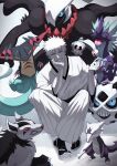  1boy absurdres alolan_marowak asure_(asure_twi) black_nails black_sash black_sclera black_socks bleach blue_eyes bone claws collarbone colored_sclera colored_skin crossover darkrai dragapult duskull floating glalie hair_between_eyes hakama hand_on_own_chin highres holding holding_bone hollow_ichigo horns japanese_clothes kimono looking_at_viewer mightyena one-eyed open_mouth poke_ball pokemon pokemon_(creature) premier_ball purple_eyes red_eyes sandals sash sharp_teeth shihakusho single_horn sitting skull smirk socks spiked_hair tabi tail teeth tongue tongue_out toxtricity toxtricity_(low_key) trait_connection waraji white_hakama white_kimono white_skin wolf yellow_eyes 