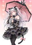  animal_ears bare_shoulders black_dress black_legwear black_umbrella breasts cat_ears cat_tail commentary_request detached_sleeves dress gothic_lolita harajuku_mimi highres large_breasts lolita_fashion long_hair official_art pantyhose parasol red_eyes shimashima08123 silver_hair solo tail tokyo_exe_girls two_side_up umbrella 