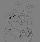  :3 animal_crossing anthro bear blush caprine charlise_(animal_crossing) clothing dialogue duo english_text female goat greyscale hair hoodie horn hug mammal mangneto monochrome nintendo pain pashmina_(animal_crossing) slightly_chubby speech_bubble sweat text twig video_games 