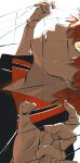  1boy amo59320 arms_up collared_shirt commentary cropped_head haikyuu!! highres hinata_shouyou karasuno_volleyball_uniform male_focus multicolored_clothes multicolored_shirt net orange_hair parted_lips shirt short_hair solo sportswear sweat sweatdrop symbol-only_commentary teeth upper_body volleyball_net volleyball_uniform yellow_eyes 