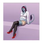  anthro belly blue_fur bodyxcount breasts cleavage clothed clothing feline female footwear fur green_eyes hair high_heels legwear lion looking_at_viewer mammal midriff navel pregnant red_hair red_shoes shoes simple_background sitting solo stockings unbuttoned 