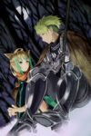  1girl absurdres achilles_(fate) animal_ears armor atalanta_(fate) brown_hair cat_ears fate/apocrypha fate_(series) green_eyes green_hair highres holding holding_weapon mukade_(siieregannsu) multicolored_hair polearm sitting snow spear thighhighs two-tone_hair weapon 