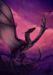  2016 ambiguous_gender detailed_background digital_media_(artwork) dragon horn membranous_wings natoli nude purple_scales scales sky solo standing wings wyvern 