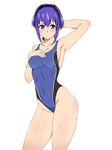  alternate_skin_color arm_behind_head armpits black_hairband blush breasts cleavage competition_swimsuit fate/prototype fate/prototype:_fragments_of_blue_and_silver fate_(series) hairband hassan_of_serenity_(fate) highleg highleg_swimsuit highres kagemusha looking_at_viewer medium_breasts one-piece_swimsuit purple_eyes purple_hair short_hair sideboob simple_background solo swimsuit white_background 