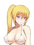  bad_id bad_pixiv_id bikini blonde_hair breasts covered_nipples hair_between_eyes highres jangif large_breasts long_hair looking_at_viewer original ponytail red_eyes skindentation solo swimsuit underboob upper_body white_background 