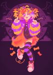  1girl ;3 absurdres ahoge black_wings candy claw_pose cloud coat commentary dated dress english_commentary english_text eyelashes fingernails food full_body full_moon hair_ornament hair_ribbon happy_halloween happy_halloween_(vocaloid) highres kagamine_rin laujita mismatched_thighhighs moon multicolored_hair multicolored_thighhighs nail_polish one_eye_closed orange_dress orange_hair orange_nails purple_background purple_coat purple_eyes purple_hair red_shoes ribbon shoelaces shoes signature skull-shaped_pupils smile solo striped_clothes striped_sleeves striped_thighhighs symbol-shaped_pupils thighhighs tongue tongue_out twintails two-tone_thighhighs vocaloid wing_hair_ornament wings wrapped_candy 