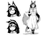 absurdres animal_ears apron boots brooch closed_eyes collar dress fang frills full_body greyscale highres imaizumi_kagerou jewelry long_hair maid_headdress monochrome multiple_views one_eye_closed open_mouth short_sleeves smile tail touhou tyouseki wolf_ears wolf_tail 