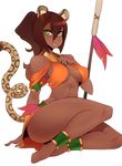  animal_humanoid anklet armlet breasts cat_humanoid clothed clothing feathers feline female freckles green_eyes hair halphelt humanoid jewelry mammal melee_weapon navel polearm simple_background spear weapon white_background 