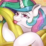 2015 absurd_res animal_genitalia banana blue_fur duo equine eyelashes female feral food friendship_is_magic fruit fur hair hi_res icariusunlimited licking looking_at_viewer mammal multicolored_hair my_little_pony potasium princess_celestia_(mlp) saliva smile tongue tongue_out 