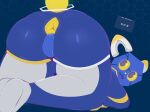 anthro anus bent_over blue_body butt e621 felid feline genitals glowing glowing_eyes glowing_genitalia hexerade hi_res kaliburr_advanced low-angle_view mammal mascot multicolored_body nude nude_anthro presenting solo yellow_eyes