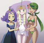  3girls :3 @_@ acerola_(pokemon) bikini blonde_hair blush breasts cleavage dark_skin dress elite_four flower_ornament green_bikini green_hair hat highres lillie_(pokemon) long_hair mao_(pokemon) multiple_girls panties pokemon pokemon_(game) pokemon_sm ponytail purple_hair short_hair short_sleeves skirt_lift sleeveless sun_hat swimsuit symbol_shaped_pupils trial_captain underwear wavy_mouth white_panties 