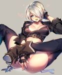  angel_(kof) ass blue_eyes boots breasts chaps cropped_jacket fingerless_gloves gloves hair_over_one_eye jacket large_breasts no_panties oro_(sumakaita) short_hair snk solo spread_legs the_king_of_fighters the_king_of_fighters_xiv white_hair 