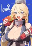  bad_id bad_pixiv_id blonde_hair blue_eyes breasts character_name elbow_gloves fingerless_gloves food front-tie_top gloves hamburger headgear iowa_(kantai_collection) kantai_collection kinsenka_momi large_breasts long_hair solo squeeze_bottle star star-shaped_pupils symbol-shaped_pupils 
