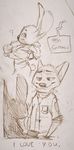  2017 ? absurd_res anthro brown_and_white canine clothed clothing comic cup dialogue disney english_text female fox hi_res judy_hopps lagomorph male mammal monochrome monoflax nick_wilde police_uniform rabbit simple_background sketch smile text traditional_media_(artwork) uniform white_background zootopia 
