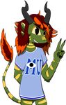  2017 amavect anthro brown_hair claws clothing disney eyebrows fan_character fur green_fur grey_background hair highlights horn invalid_tag loka_iscennah monster monsters_inc monsters_university orange_highlights outline pixar shirt simple_background smile solo striped_fur stripes tail_tuft tuft yellow_fur yoako 