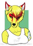  anthro canine clothed clothing dtalvi female fur hair mammal multicolored_hair simple_background smile solo tattoo two_tone_hair 