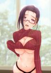  black_panties blush breasts cleavage cleavage_cutout clothes_lift day demi-chan_wa_kataritai demon_girl glasses large_breasts lens_flare long_hair looking_at_viewer meme_attire navel open-chest_sweater open_mouth panties purple_eyes purple_hair red-framed_eyewear ribbed_sweater satou_sakie semi-rimless_eyewear sleeves_past_wrists slowpit solo succubus sweater sweater_lift under-rim_eyewear underboob underwear window 