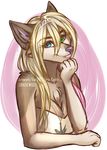  5_fingers anthro blonde_hair blue_eyes breasts canine clothing ear_piercing eyelashes female gradiewoof green_eyes hair heterochromia looking_at_viewer mammal piercing smile wolf 