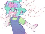  1boy basil_(headspace)_(omori) basil_(omori) blue_overalls blush flower green_eyes green_hair green_shirt head_wreath highres looking_at_viewer mewowem_omo omori open_mouth overall_shorts overalls shirt short_hair short_sleeves simple_background solo t-shirt tearing_up white_background 