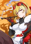  1girl 318_saiha absurdres asymmetrical_gloves blonde_hair breasts bright_pupils earrings english_commentary eyewear_on_head fur_collar gloves hairband hammer highres holding holding_hammer holding_smoking_pipe hololive hololive_indonesia jewelry kaela_kovalskia kaela_kovalskia_(1st_costume) medium_breasts mismatched_gloves red_eyes red_hairband scarf simple_background smoke smoking_pipe solo sunglasses virtual_youtuber white_pupils yellow_background 