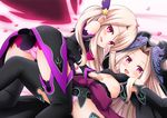 :d all_fours armpit_peek bandeau bare_shoulders black_dress black_footwear black_legwear blonde_hair blush boots breasts cherry_blossoms commentary_request dark_persona detached_sleeves dress dual_persona eyebrows_visible_through_hair fate/grand_order fate_(series) feathers from_behind hair_feathers hair_intakes hair_ornament hand_on_another's_stomach head_tilt headgear highres illyasviel_von_einzbern knee_up lavender_panties long_hair looking_at_viewer looking_back lying morokoshi_(tekku) multiple_girls on_back on_floor open_mouth panties petals pink_panties purple_feathers purple_ribbon red_eyes ribbon shiny shiny_hair side_ponytail small_breasts smile star star_hair_ornament straight_hair testament_(fate) thigh_boots thighhighs underwear wide_sleeves 