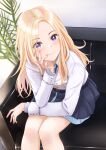  1girl bare_legs blazer blonde_hair blue_overskirt blue_skirt blush commentary feet_out_of_frame fingernails gakuen_idolmaster hand_on_own_cheek hand_on_own_face hatsuboshi_gakuen_school_uniform highres idolmaster indoors jacket juo_sena long_hair long_sleeves looking_at_viewer mossan_(mossan-777) pleated_skirt purple_eyes school_uniform sitting skirt smile solo very_long_hair white_jacket 