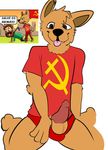  animal_genitalia animal_penis banner brown_eyes brown_fur canine canine_penis collar communism crouching desenhista_que_pensa desenhistaquepensa dog elbow_fur fur happy leash male mammal open_mouth penis pink_tongue politics presenting red_shirt source_request tongue tongue_out unknown_artist 