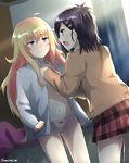  ahoge black_hair blazer blonde_hair blue_eyes blush bow bow_panties bra dress_shirt dressing dressing_another dutch_angle eye_contact forced_dressing gabriel_dropout hair_ornament hairpin indoors jacket long_hair looking_at_another miniskirt multiple_girls navel open_clothes open_mouth open_shirt panties pink_panties plaid plaid_skirt pleated_skirt purple_eyes school_uniform shirt shirt_grab shouting sideways_mouth skirt somechime_(sometime1209) sweatdrop tenma_gabriel_white tsukinose_vignette_april twitter_username underwear x_hair_ornament 