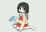  1girl android black_eyes black_hair grey_background hand_on_floor hand_puppet highres kneeling looking_at_viewer nichijou puppet red_skirt school_uniform shark shark_puppet shinonome_nano short_hair simple_background skirt smile socks tokisadame_school_uniform tokiwa_(914) white_socks winding_key 