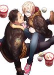  animal_print black_hair blonde_hair brown_eyes coat denim eyes_visible_through_hair food food_on_face green_eyes hood hoodie ice_cream jeans leopard_print male_focus multiple_boys open_mouth otabek_altin pants sitting yuri!!!_on_ice yuri_plisetsky zawar379 