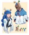 1boy 1girl arm_across_waist arm_up bag bag_on_head black_gloves blue_hair blue_hoodie blue_pikmin blush border closed_eyes clover coat commentary_request cropped_torso dizzy_(guilty_gear) elbow_gloves faust_(guilty_gear) feathered_wings fingerless_gloves flower four-leaf_clover gloves guilty_gear guilty_gear_strive hair_intakes highres holding hood hood_down hoodie index_finger_raised korean_commentary long_hair object_on_head on_head one_eye_covered open_mouth paper_bag pikmin_(creature) pikmin_(series) queen_dizzy red_pikmin sleeves_past_wrists swept_bangs triangle_mouth white_border white_coat white_flower white_wings wings yeji36 yellow_flower yellow_pikmin 