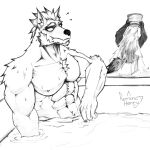 abs anthro barazoku bath bathing bathroom bathtub beard bearded biceps big_(disambiguation) body_hair canid canine canis chest_(disambiguation) chest_hair domestic_dog duo facial_hair fangs front_view growth hair hi_res huge humanoid husky kemonohenry line_art male male/male mammal mohawk muscle_growth muscular nordic_sled_dog pecs side_view sketch spitz teeth toned_muscles top_(disambiguation) water wet wolf
