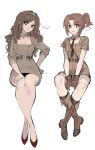  2girls absurdres ahoge axis_powers_hetalia belt boots breasts brown_eyes brown_hair cleavage cleavage_cutout clothing_cutout dress full_body genderswap genderswap_(mtf) gloves green_eyes highres kaminai404 long_hair looking_at_viewer medium_breasts military_uniform multiple_girls northern_italy_(hetalia) ponytail short_dress siblings simple_background sisters sitting smile southern_italy_(hetalia) white_background 