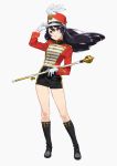  1girl alternate_costume band_uniform black_footwear black_hair black_skirt boots commentary_request contrapposto double-breasted full_body gloves hat hibike!_euphonium kamo_kamen kousaka_reina long_hair majorette marching_band_baton pencil_skirt purple_eyes shako_cap simple_background skirt solo white_background white_gloves 