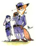  &lt;3 belt black_fur black_nose brown_eyes button_(disambiguation) canine chain claws clothing cotton_tail disney duo female fox fur gloves_(marking) grey_fur hat inner_ear_fluff judy_hopps lagomorph long_ears male mammal markings necktie nick_wilde orange_fur paws pink_nose police_uniform predator/prey purple_eyes rabbit size_difference smile stick tall uniform white_fur zootopia 一膳 