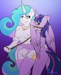  anthro ball_gag breasts clothing collar domination equine friendship_is_magic fur gag hair horn lead legwear looking_at_viewer mammal multicolored_hair my_little_pony princess_celestia_(mlp) punk-pegasus purple_eyes purple_fur smile stockings thigh_highs twilight_sparkle_(mlp) white_fur winged_unicorn wings 