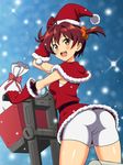  an-bl ass bike_shorts brown_hair from_behind ground_vehicle hair_ornament hair_scrunchie hat isshiki_akane looking_at_viewer looking_back motor_vehicle open_mouth red_eyes sack santa_hat scooter scrunchie shawl short_hair shorts solo twintails vividred_operation white_shorts 