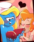 2018 anthro artist_logo artist_watermark black_eyes blonde_hair blue_body blue_skin blush breast_squeeze breasts chip_&#039;n_dale_rescue_rangers clothing crossover crossover_ship digital_drawing_(artwork) digital_media_(artwork) disney duo eyelashes eyes_closed female female/female food gadget_hackwrench hair hat headgear headwear heart_symbol hi_res holding_breast jelly_(food) licking logo long_eyelashes looking_at_another looking_at_partner mammal mouse murid murine nipple_fetish nipple_lick nipple_play nipples nude open_mouth orange_hair rodent smurf smurfette squeezing strawberry_jam tasteful_nudity the_smurfs tongue tongue_out toongrowner white_clothing white_hat white_headwear