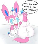  :3 anus bed blue_sclera dialogue eeveelution english_text female feral fur nintendo open_mouth pawpads pink_fur pok&eacute;mon presenting pussy ribbons simple_background solo speech_bubble sylveon text unknown_artist unseen_character video_games white_background white_eyes white_fur 