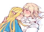  2girls blonde_hair blue_robe blush closed_eyes closed_mouth commentary cuddling dohwa110 dungeon_meshi elf falin_touden falin_touden_(tallman) feathers hand_on_another's_back long_hair marcille_donato multiple_girls pointy_ears robe short_hair solo symbol-only_commentary white_background yuri 