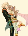  1boy 1girl aerith_gainsborough aerith_gainsborough_(terra&#039;s_garb) arm_around_waist arms_around_neck bare_shoulders belt black_gloves black_jacket black_pants blonde_hair blush boots brown_hair cape cloud_strife cloud_strife_(locke&#039;s_outfit) cosplay detached_sleeves dress earrings final_fantasy final_fantasy_vi final_fantasy_vii final_fantasy_vii_ever_crisis gloves gold_trim gradient_cape hair_bobbles hair_ornament hair_ribbon headband hetero highres jacket jewelry locke_cole locke_cole_(cosplay) multiple_belts official_alternate_costume pants pantyhose parted_lips pink_cape ponytail print_pantyhose red_dress red_footwear red_sleeves ribbon sash softp3ach strapless strapless_dress terra_branford terra_branford_(cosplay) tube_dress waist_sash wavy_hair yellow_cape 